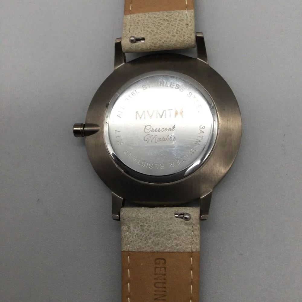 MVMT Crescent Marble Watch Men 38mm Silver Tone Tan Leather Band New Battery